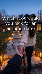Couple holding hands walking towards a cozy house with autumn leaves and pathway lanterns.