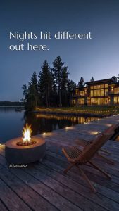 Lakefront deck with fire pit and chairs, illuminated by string lights, modern house in background at dusk.