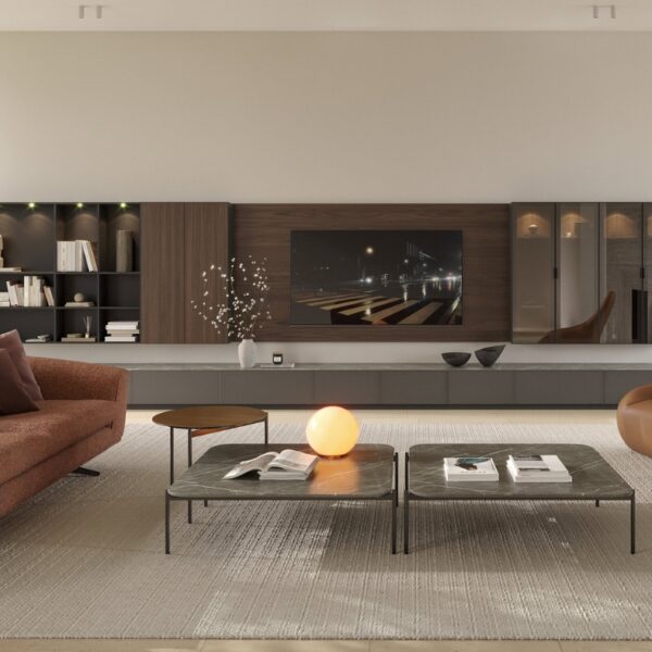 Modern living room featuring a cozy orange sofa, two stylish coffee tables, a wall-mounted TV, and decorative shelving. Soft lighting accents the contemporary decor and a neutral rug completes the elegant space.