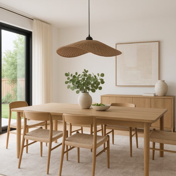 Modern dining room featuring a wooden table, woven chairs, and a stylish pendant light, with large windows providing natural light and a view of the garden.