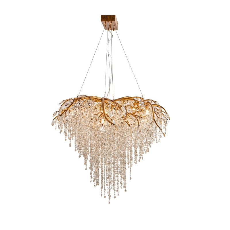 Elegant chandelier with a gold branch design and cascading crystal beads, perfect for enhancing modern interiors.
