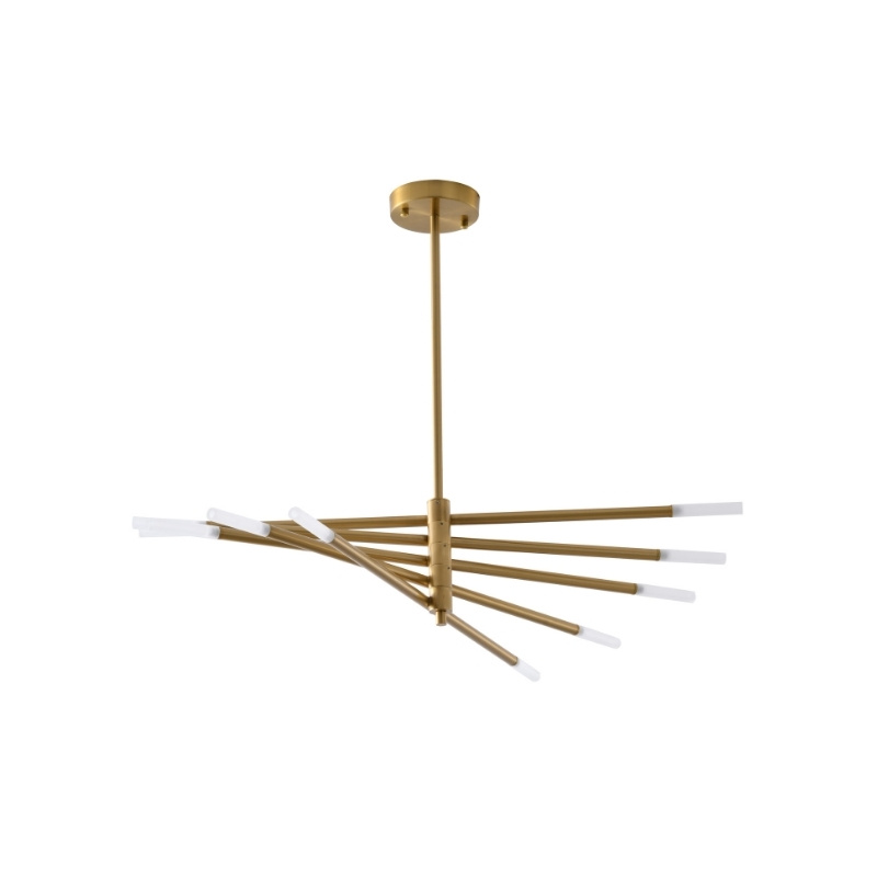 Modern gold chandelier with multiple arms and white LED light fixtures, perfect for contemporary home decor.