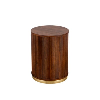 Wooden accent table with ribbed design and gold base, ideal for modern home decor.